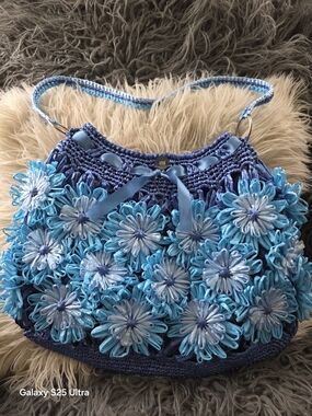 Handmade Blue Floral Crochet Tote Bag